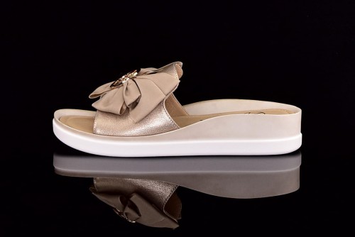 Klapki-Damskie-Niski-Koturn-Kokarda-LA-VIA 4403-49/0715-Szampanskie-Zloto/Bez/ Skora-Naturalna-