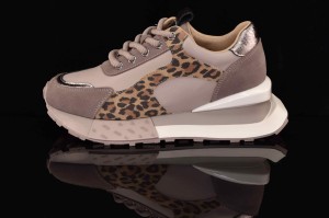 Damskie skórzane Zamszowo Licowe Sneakersy  Na Platformie Z Printem W Panterkę Artiker 55C0090 Szary Beż/Pantera