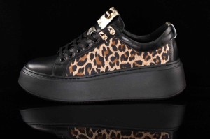 Damskie Sneakersy Na Grubej Podeszwie Naturalna Skóra w Obłędny Lamparci Print KARO W-20672-1555 Czarny