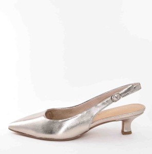 Skórzane Czółenka z Odkrytą Piętą na Obcasie „Kaczuszce” Elegancja z Nutą Trendów MARCO TOZZI  2-29514-44 Platinum/Szampańskie Złoto