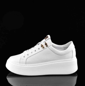 Polskie Eleganckie Białe Sneakersy Skórzane KARO W-20672-481-F Biały