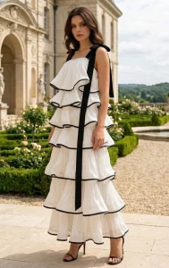 Glamour Maxi Dress Ekskluzywna Sukienka Maxi z Kaskadowymi Falbanami 304-60518 Biały
